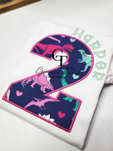 Load image into Gallery viewer, Dino Applique Birthday Shirt, pink and purple dinos, custom Applique, Embroidered custom shirt, Number 2,can do any number, dino girl,pink