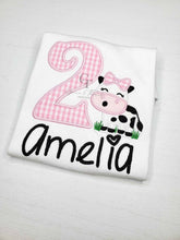 Load image into Gallery viewer, Cow girl shorts, birthday girl, cow shorts, birthday sets available, go perfect with embroidered birthday shirts,farm birthday,cow print,1,2