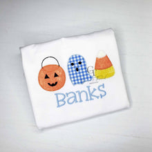 Load image into Gallery viewer, Pumpkin patch embroidered Shirt, custom personalized pumpkin shirt, fall, ghost embroidered shirt, boy Halloween, Applique fall,boy set