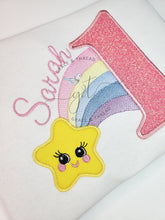 Load image into Gallery viewer, Rainbow Star first Birthday, 1st Birthday star appliqué Shirt,Custom Birthday shirt,Applique Birthday,2,3,4 Star, Puff Sleeve Shirt,custom
