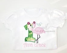 Load image into Gallery viewer, Flamingo 1 Birthday shirt,tropical birthday party shirt, first birthday,Pink glitter flamingo applique shirt,custom  birthday tropic

