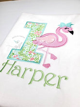 Load image into Gallery viewer, Flamingo 1 Birthday shirt,mini flower 1 birthday Shirt, first birthday,Pink  flamingo applique shirt,custom  birthday applique Shirt,1,2,3,4
