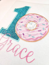 Load image into Gallery viewer, 1 donut Birthday Shirt, Donut grow up theme Birthday, festive donut, Baby girl Birthday applique One DONUT
