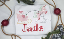 Load image into Gallery viewer, Christmas Embroidered shirt,unicorn Santa Sleigh, pink and red Christmas Sleigh, pink sleigh, cute Christmas baby shirt, Christmas bodysuit
