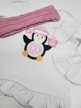 Load image into Gallery viewer, Penguin Christmas monogram, Baby Girl Christmas Shirt, Monogram, pink Christmas, custom monogram, 1st Christmas
