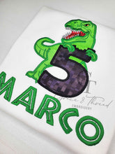Load image into Gallery viewer, Custom T-rex Applique Birthday Shirt
